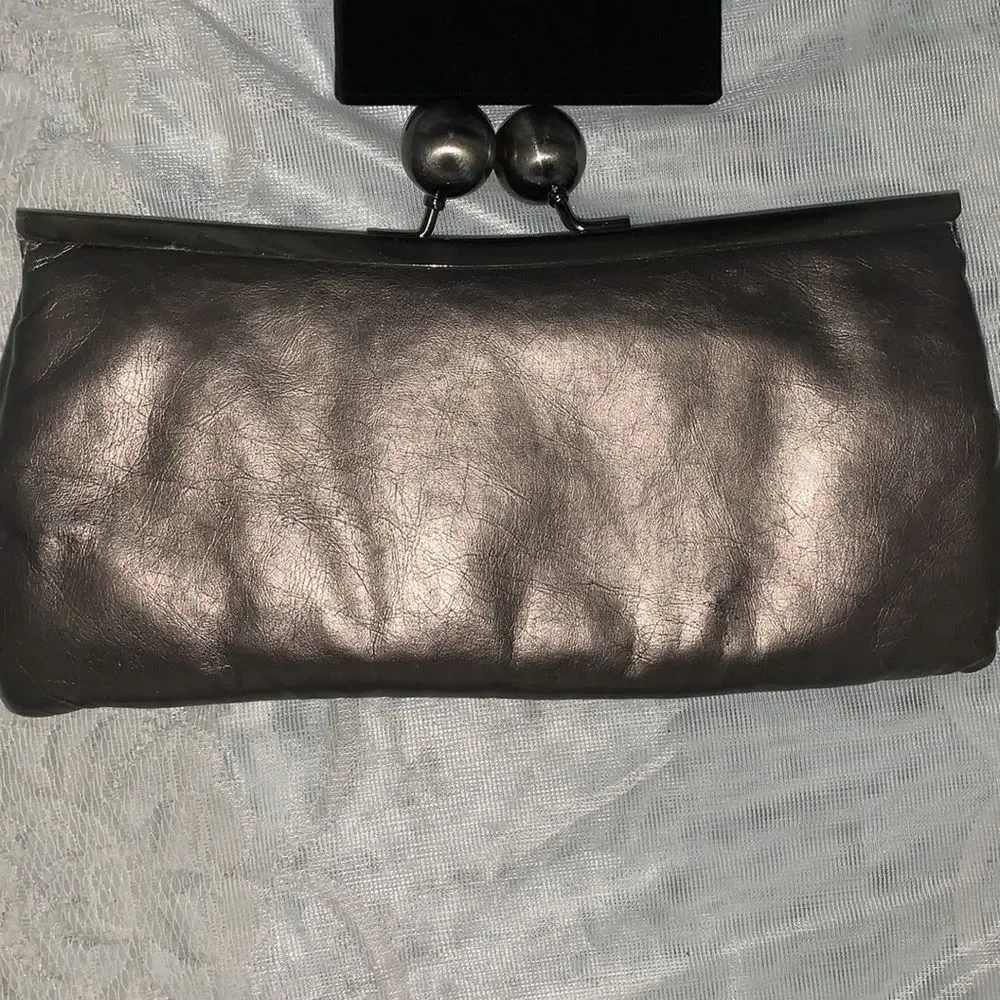 Jessica McClintock faux Leather kiss lock clutch in bronze